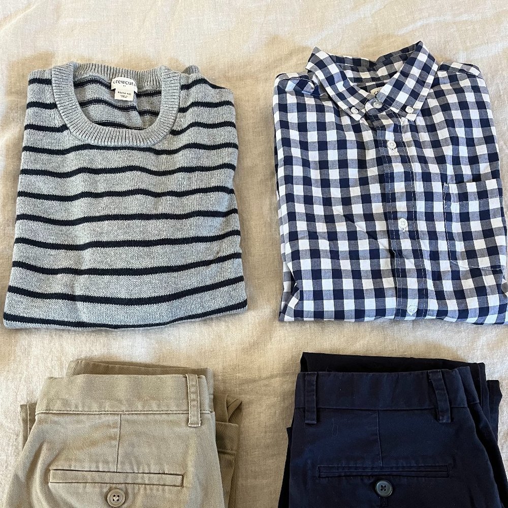 Bundle: Jcrew factory Kids' Outfit (Khaki Chinos, Sweater, Navy Gingham Shirt)